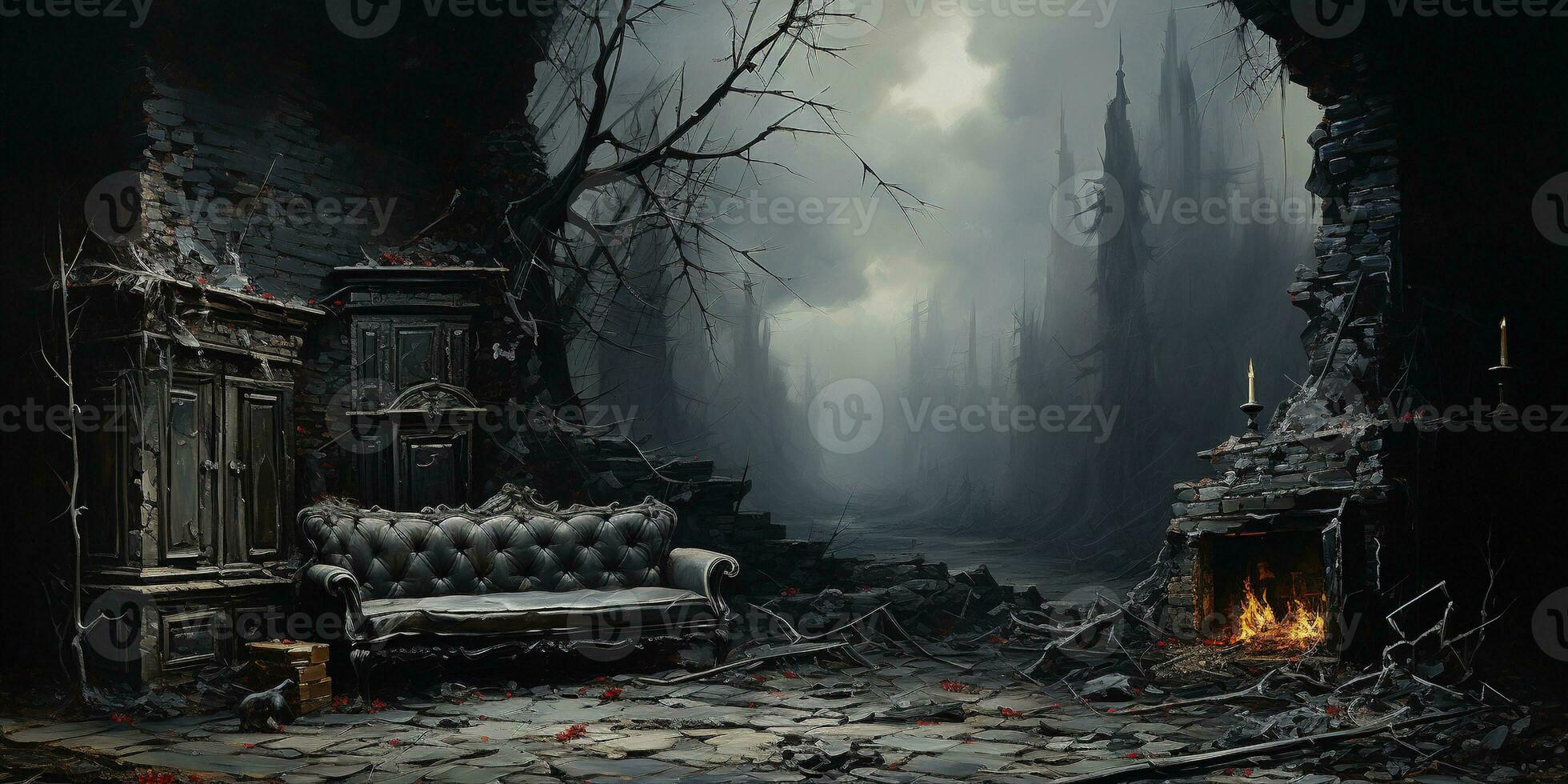 Generative AI, gothic ruined black interior and landscape  in the style of gloomy fantasy photo