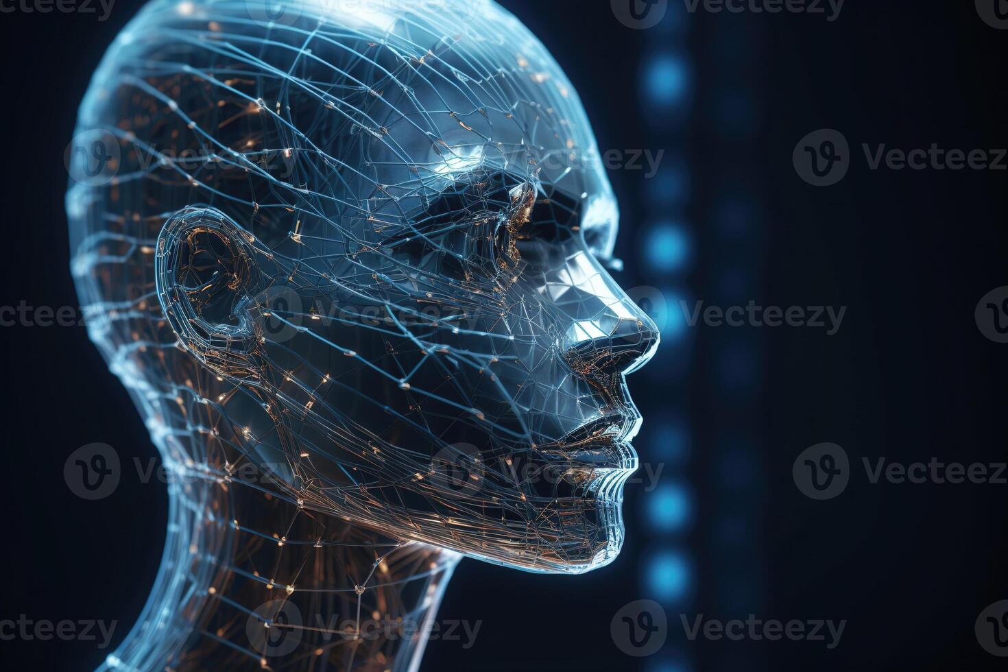 Artificial intelligence concept. AI robot human head connected lines. Electronic brain, electronic mind, Cybernetic artificial neural network. 3d rendering. photo