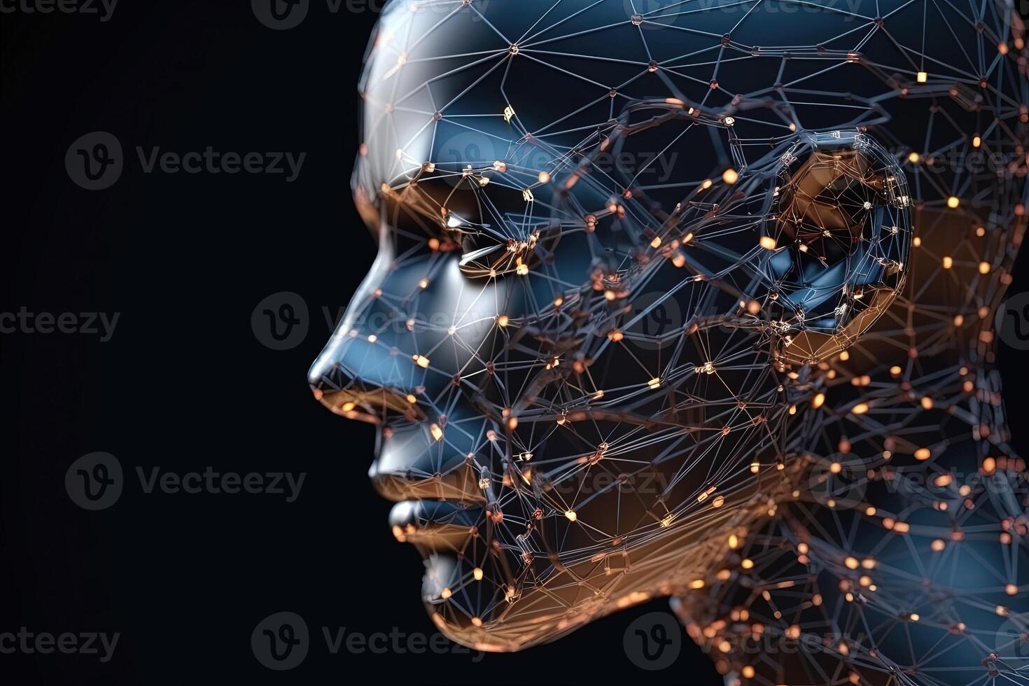 Artificial intelligence concept. AI robot human head connected lines. Electronic brain, electronic mind, Cybernetic artificial neural network. 3d rendering. photo