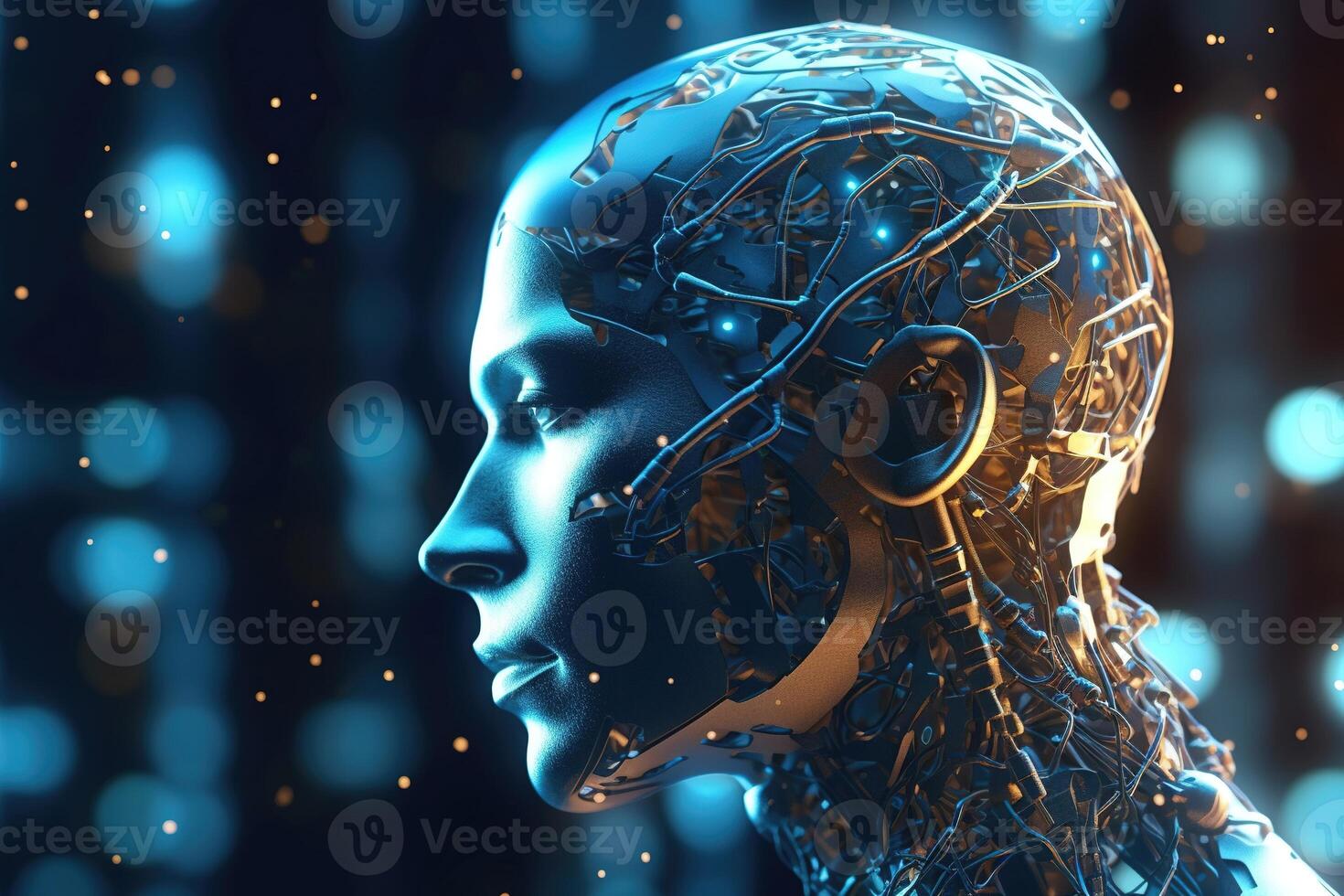 Artificial intelligence, a humanoid head with neural network thinks. AI robot, cyber girl with a digital brain is learning to process big data. photo