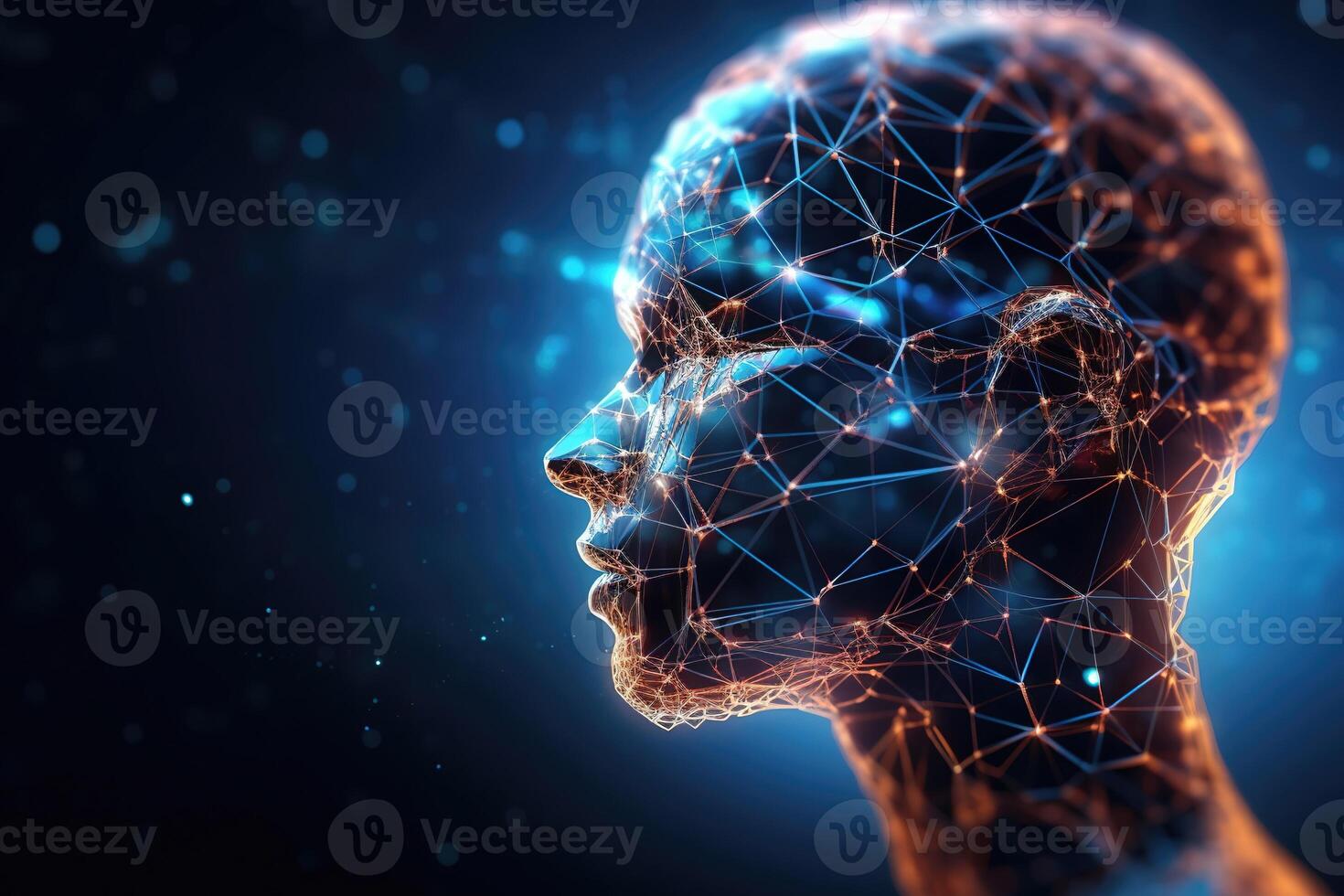 Artificial intelligence concept. AI robot human head connected lines. Electronic brain, electronic mind, Cybernetic artificial neural network. 3d rendering. photo