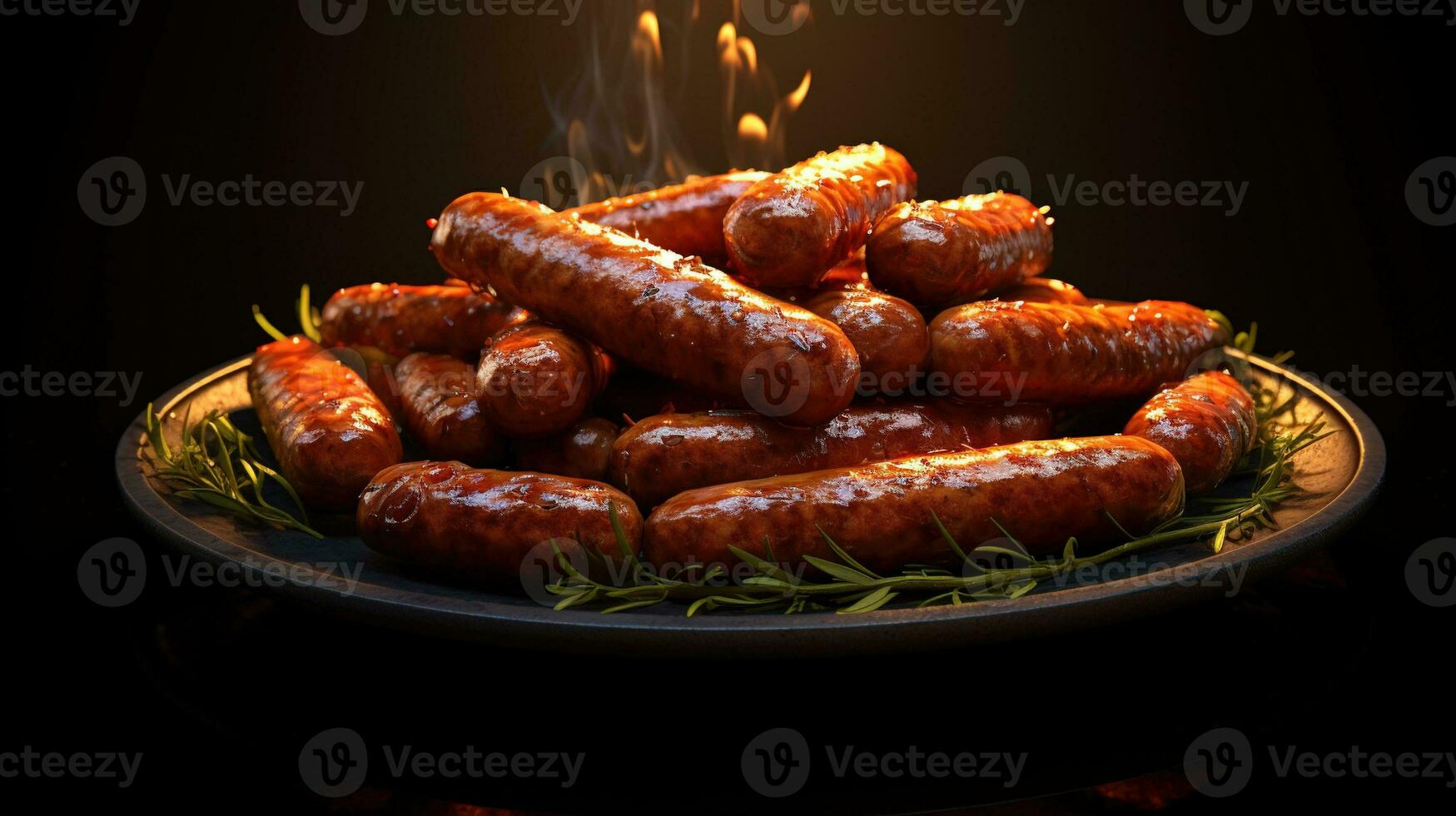 generativo ai, A la parrilla salchichas en un lámina, oscuro fondo, parrilla comida foto