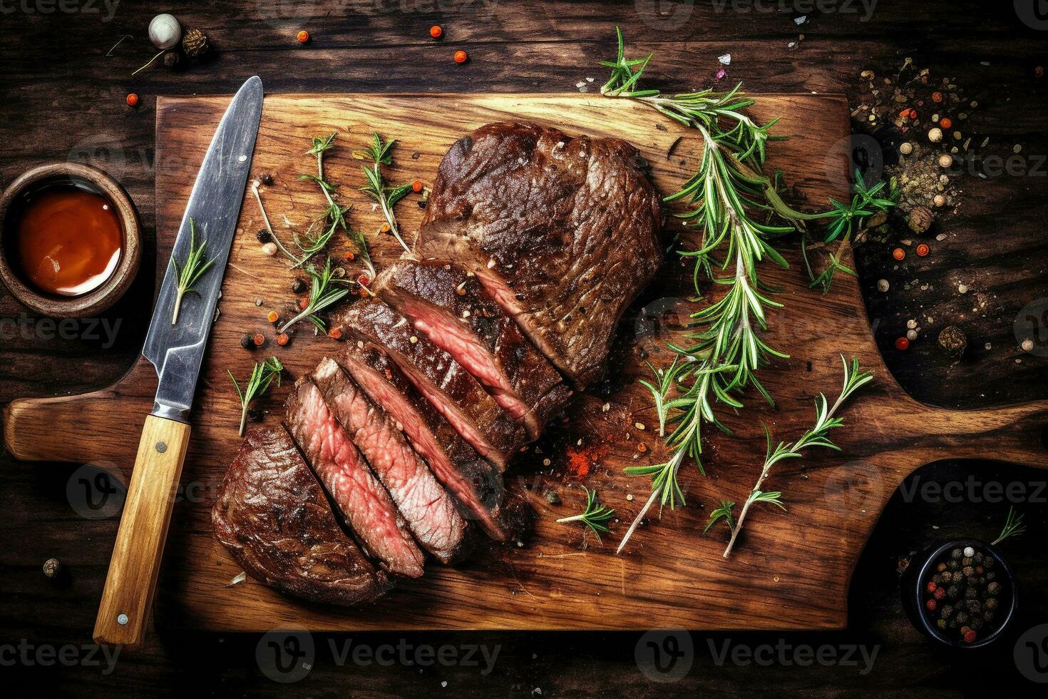 A rustic design board presents a top view of a Traditional American barbecue bavette steak with salt and pepper. AI Generated photo