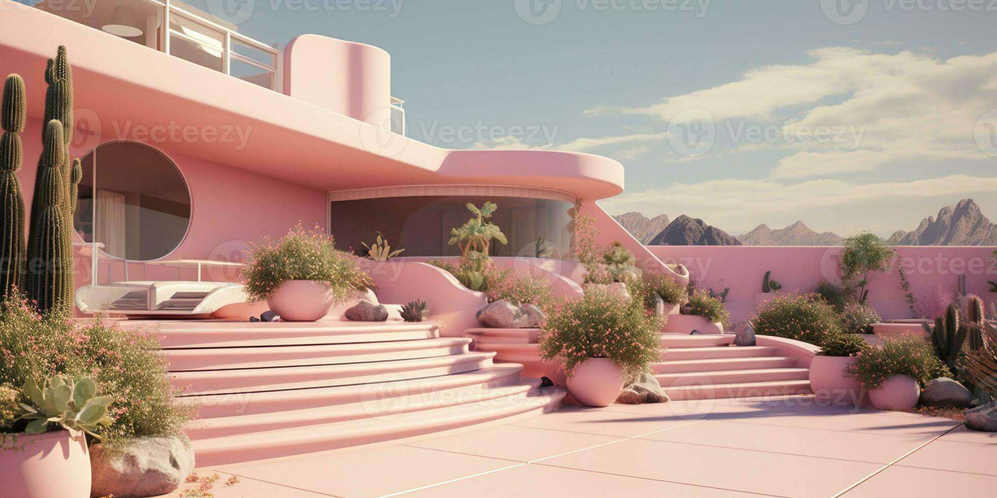 Generative AI, futuristic luxury pink house surrounded by lush greenery photo