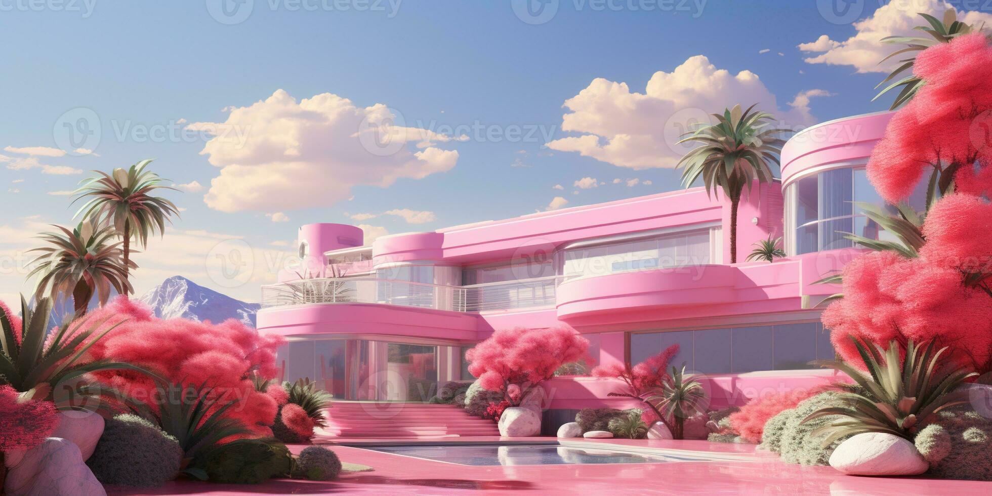 Generative AI, futuristic luxury pink house surrounded by lush greenery photo