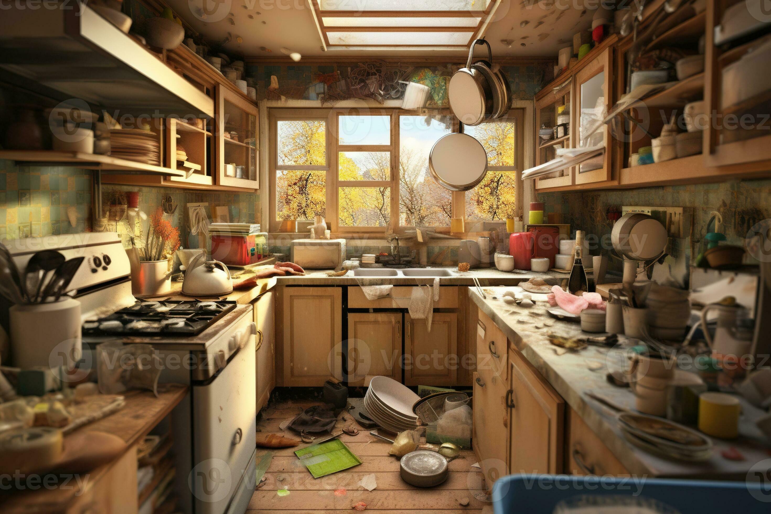 Extremely untidy, very messy and unclean dirty kitchen. AI