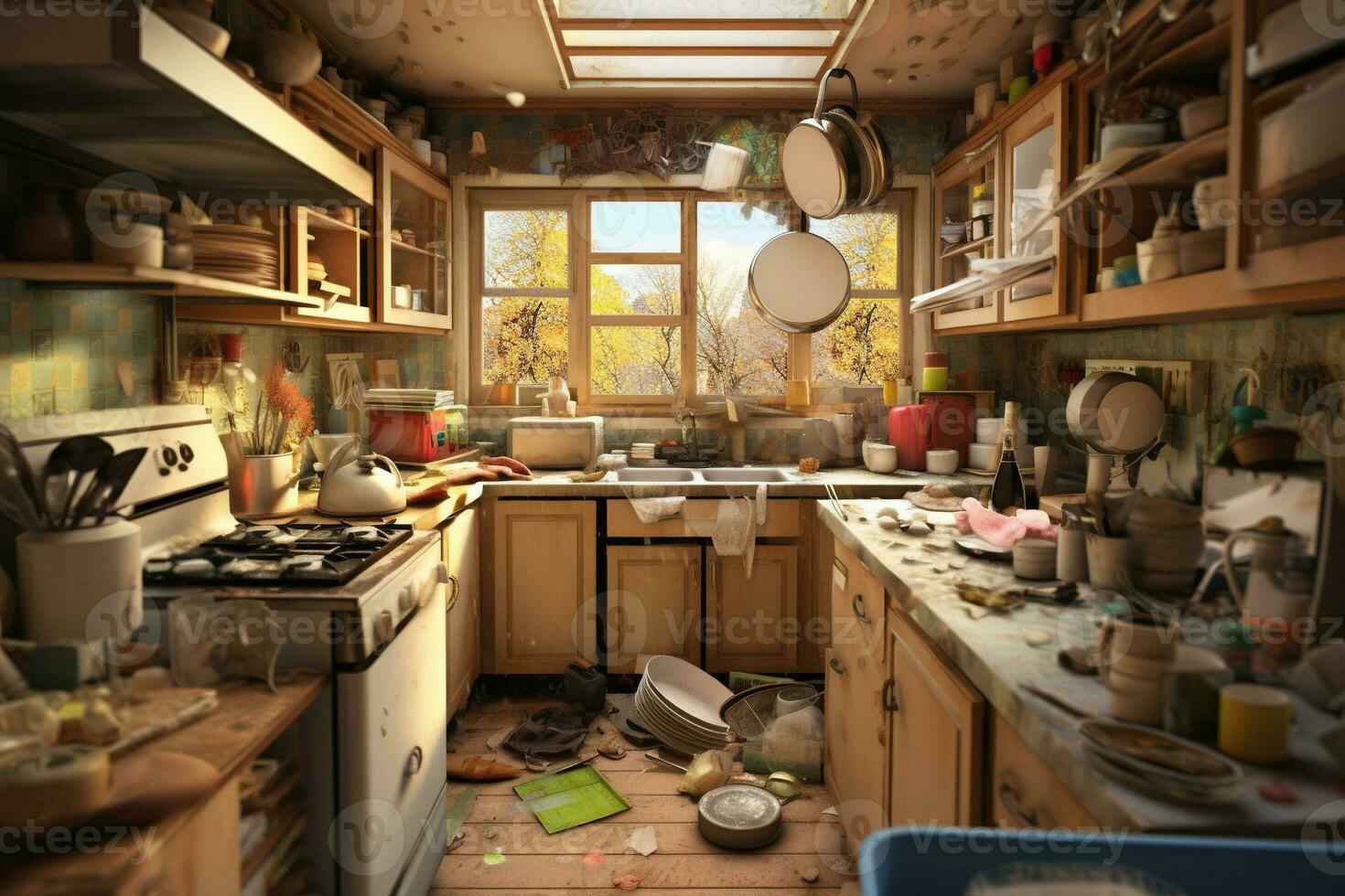 Extremely untidy, very messy unorganized and unclean dirty kitchen. AI Generated photo