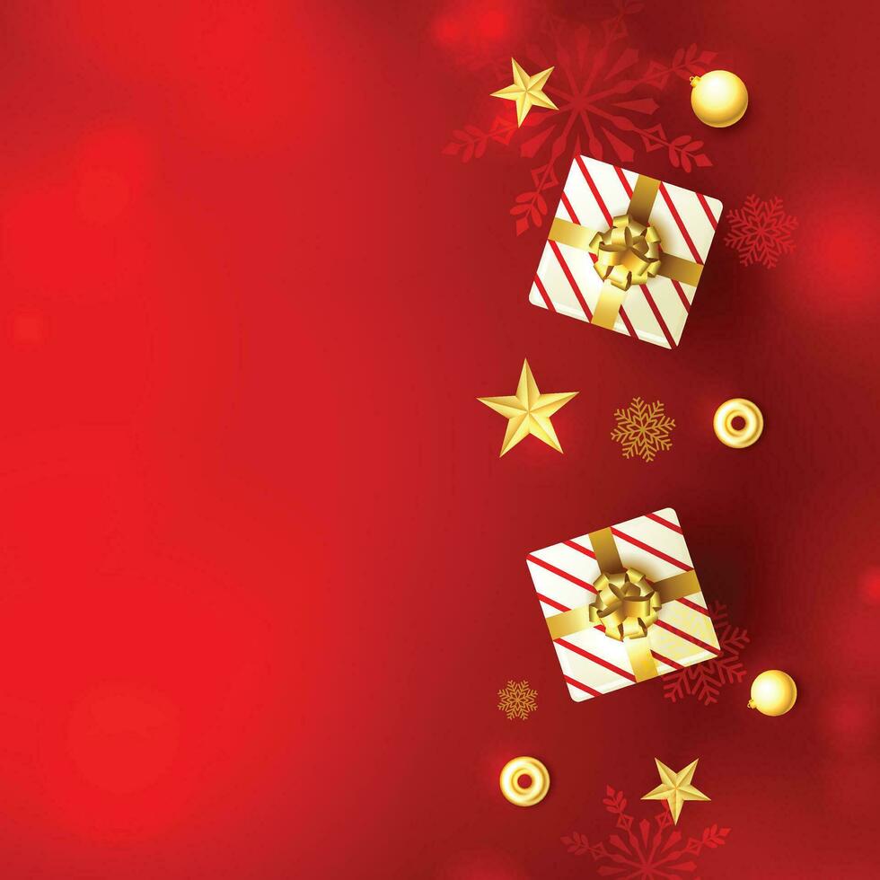 Merry Christmas and Happy New Year. Xmas background with poinsettia, Snowflakes, star and balls design. vector