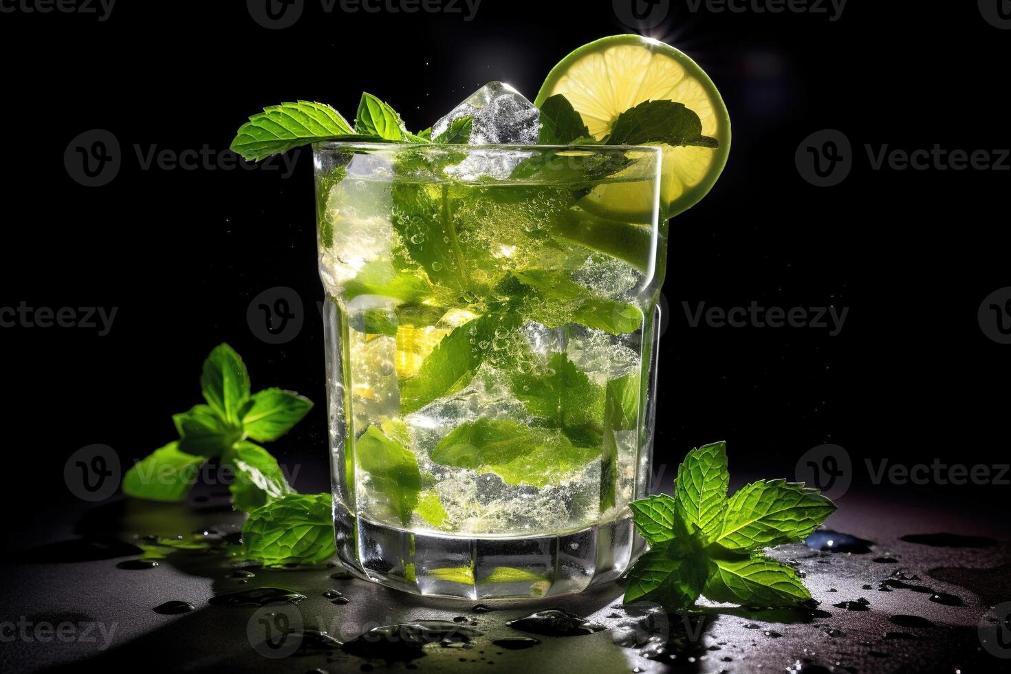 Glass of tasty mojito on dark background. photo