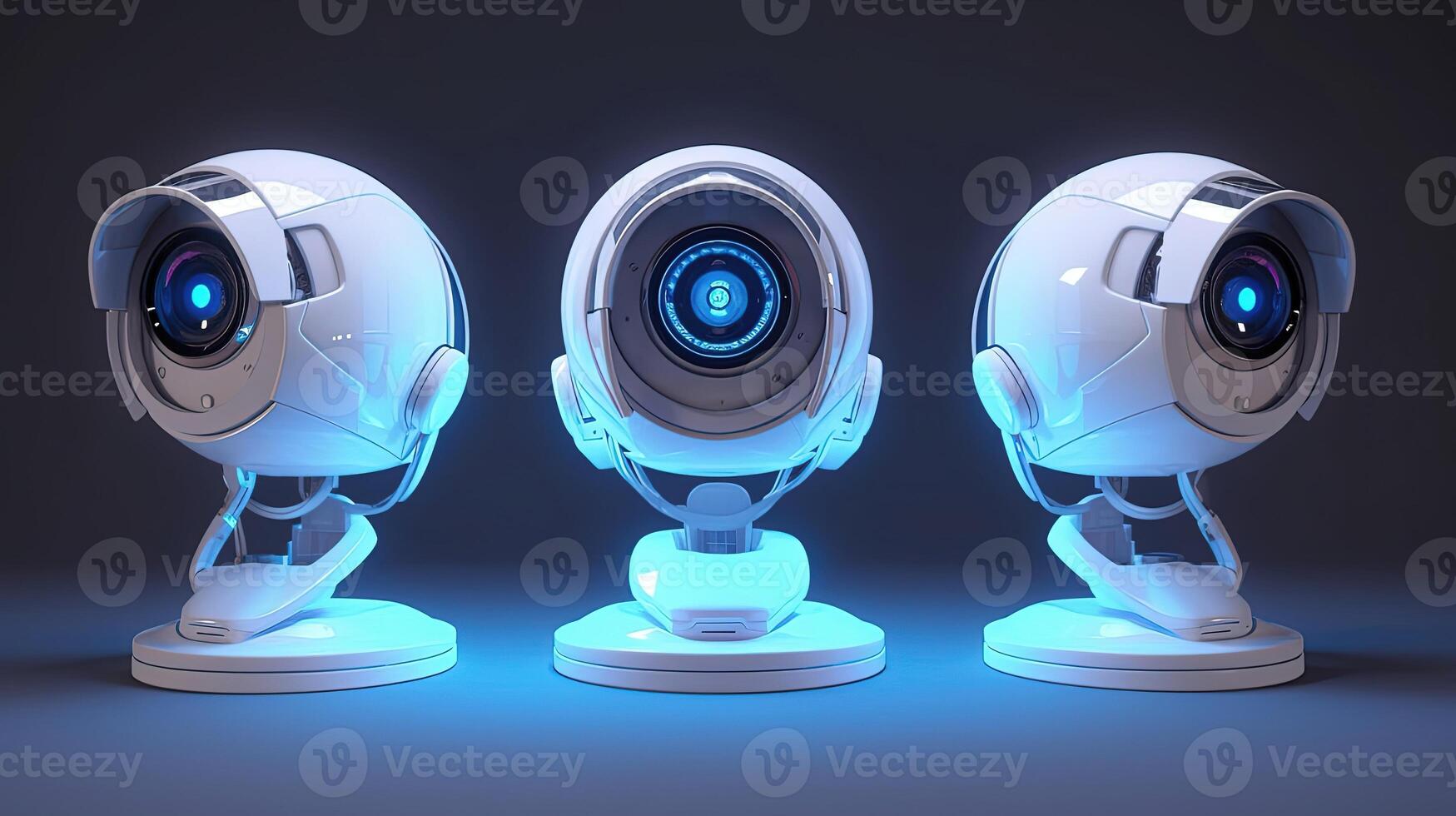 Collection of professional security cameras, crafted from white glossy material and adorned with mesmerizing hologram glowing accents. photo