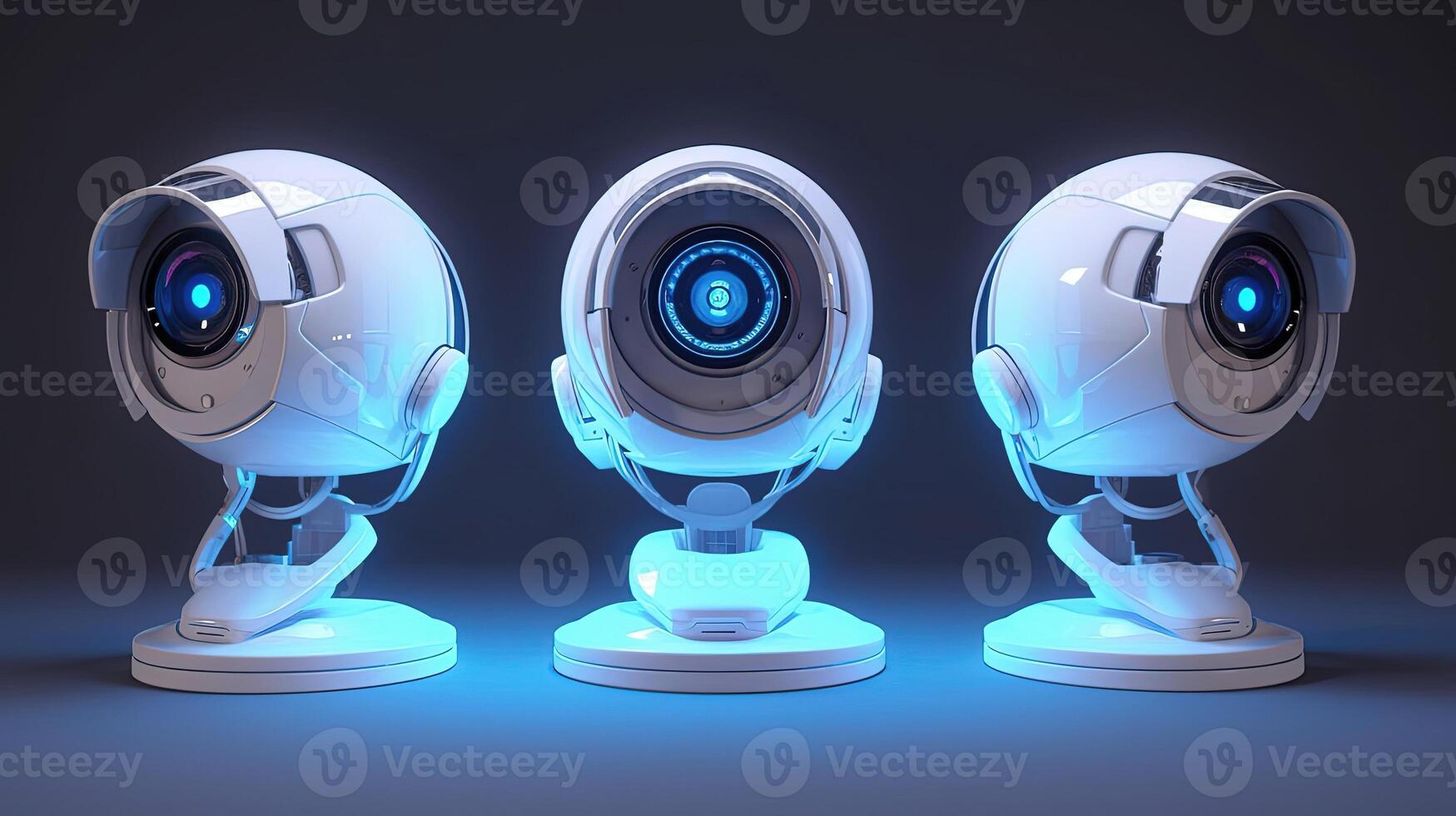 Collection of professional security cameras, crafted from white glossy material and adorned with mesmerizing hologram glowing accents. AI Generated photo