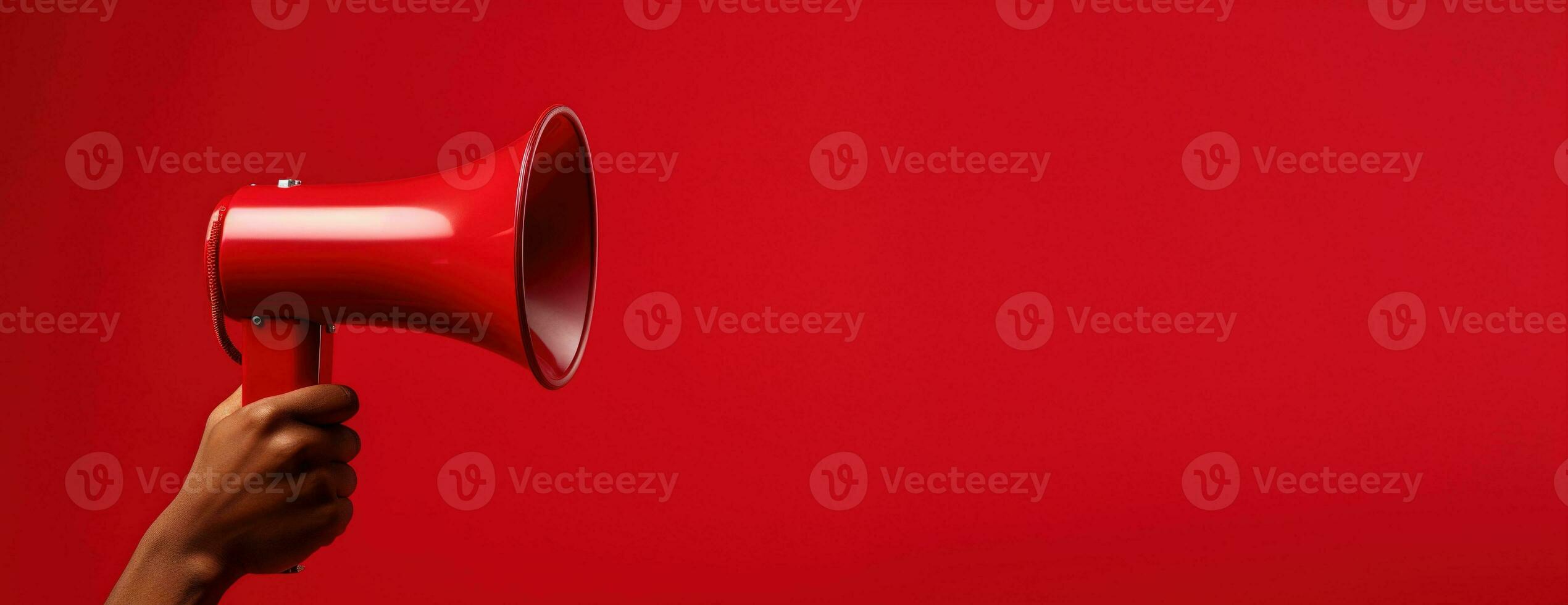 generativo ai, megáfono en mano en un vacío rojo fondo, panorámico imagen con Copiar espacio foto