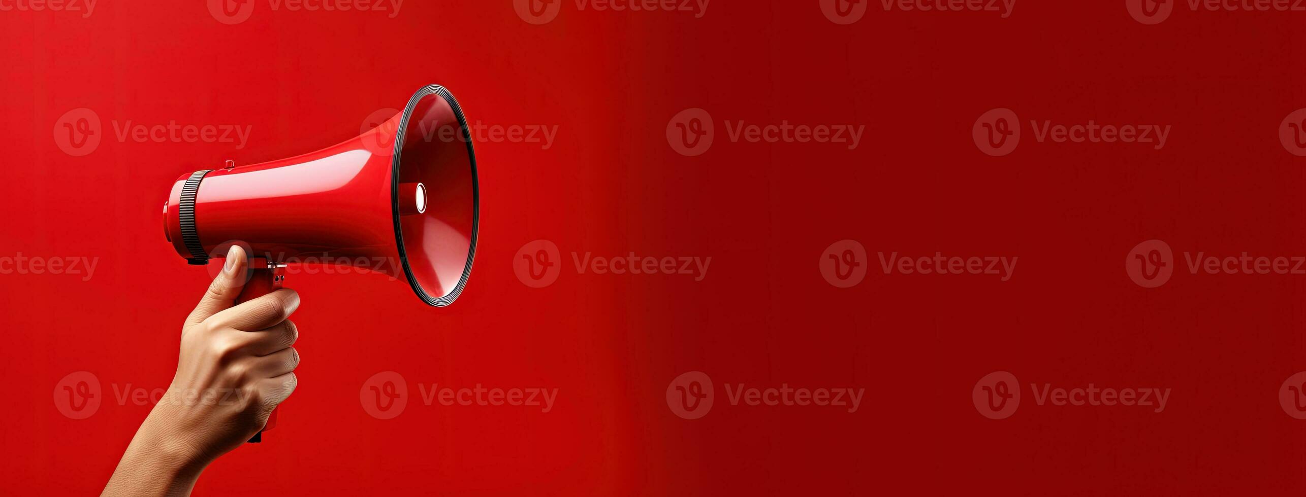 Generative AI, megaphone in hand on a empty red background, panoramic image with copy space photo