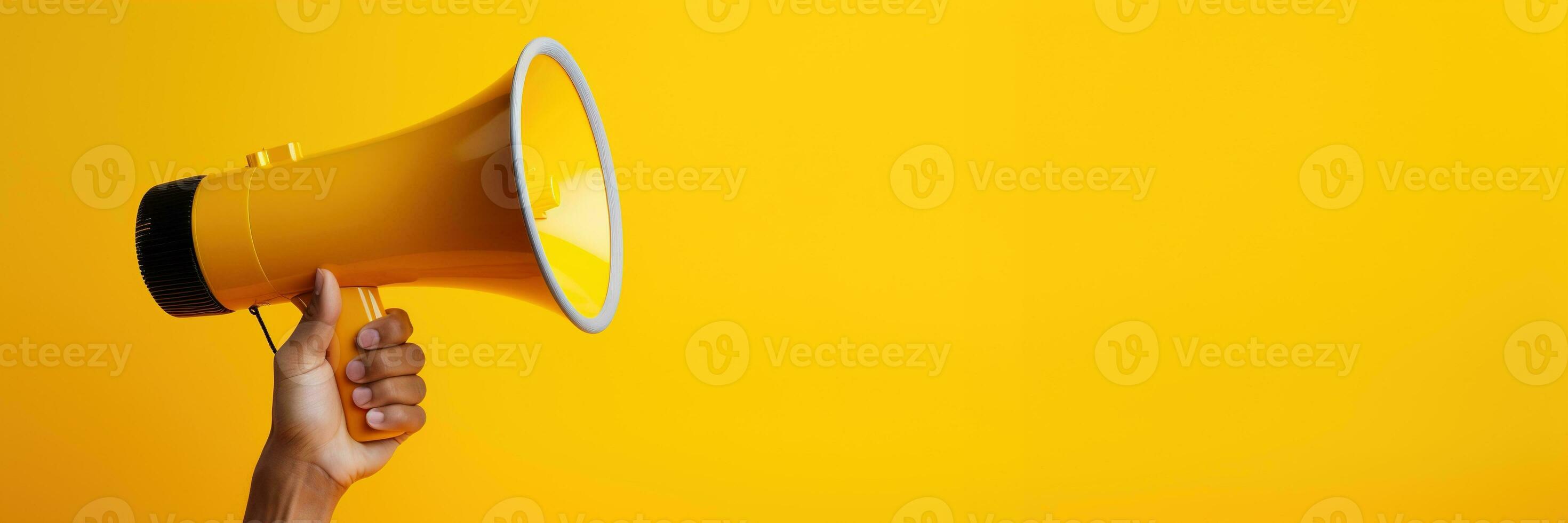Generative AI, megaphone in hand on a empty yellow background, panoramic image with copy space photo