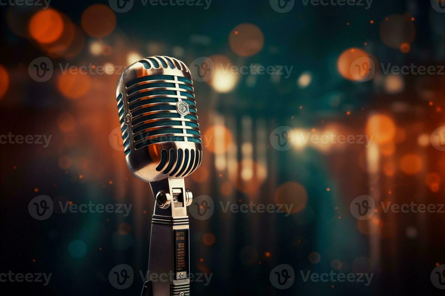 Generative AI, retro audio microphone on stage, blurred lights background photo
