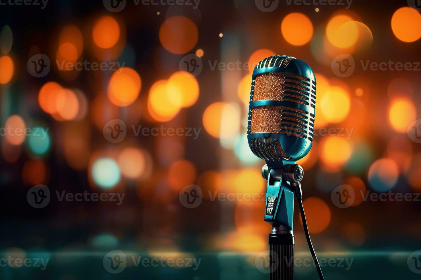 Generative AI, retro audio microphone on stage, blurred lights background photo