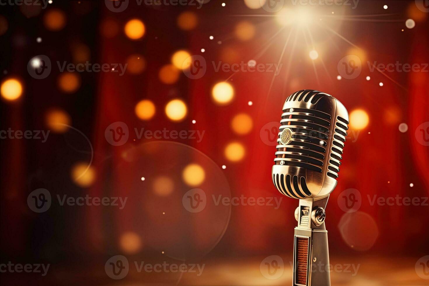 Generative AI, retro audio microphone on stage, blurred lights background photo