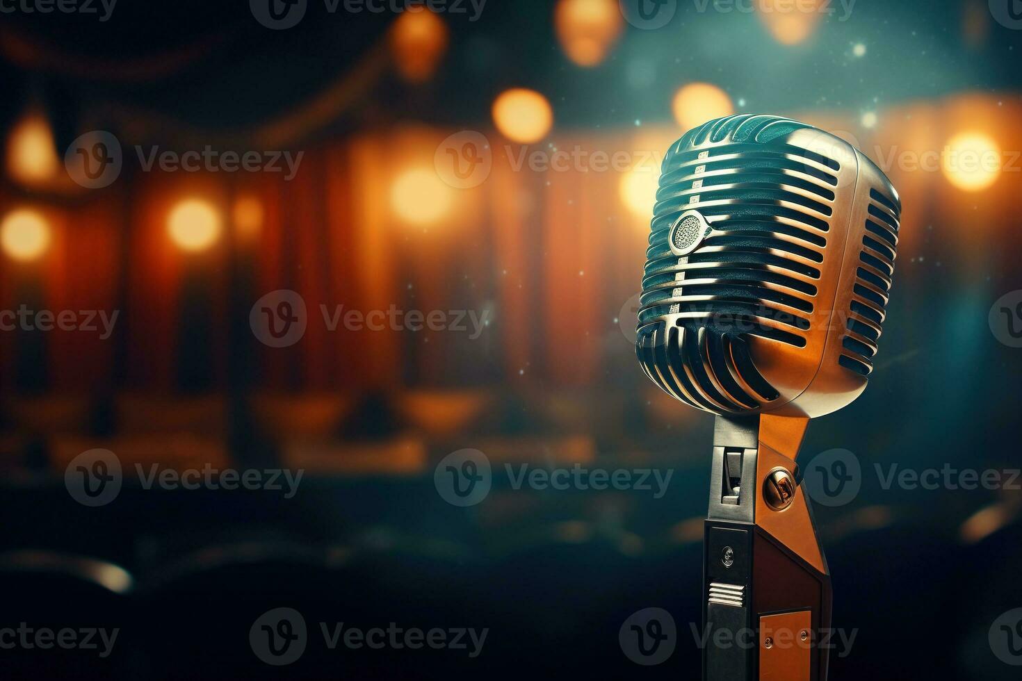 Generative AI, retro audio microphone on stage, blurred lights background photo
