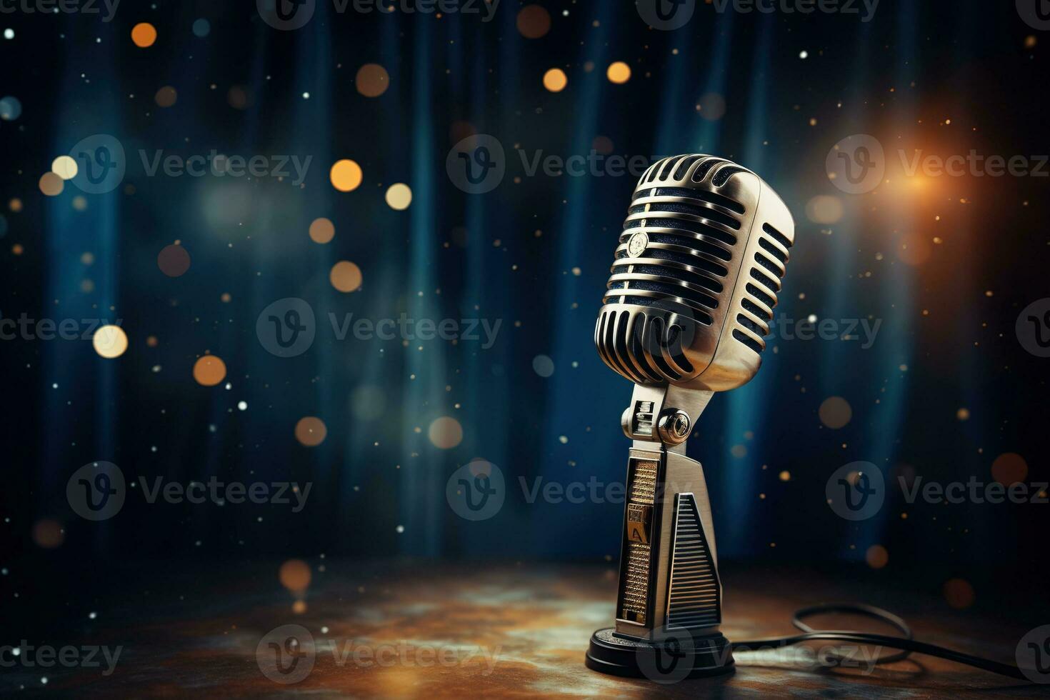 Generative AI, retro audio microphone on stage, blurred lights background photo
