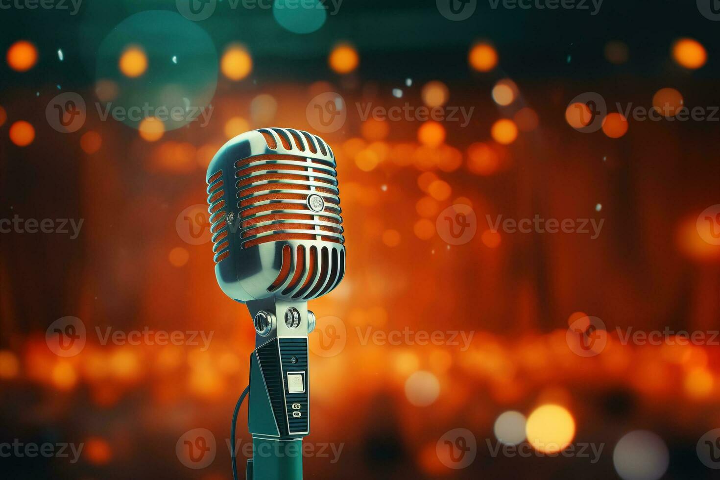 Generative AI, retro audio microphone on stage, blurred lights background photo