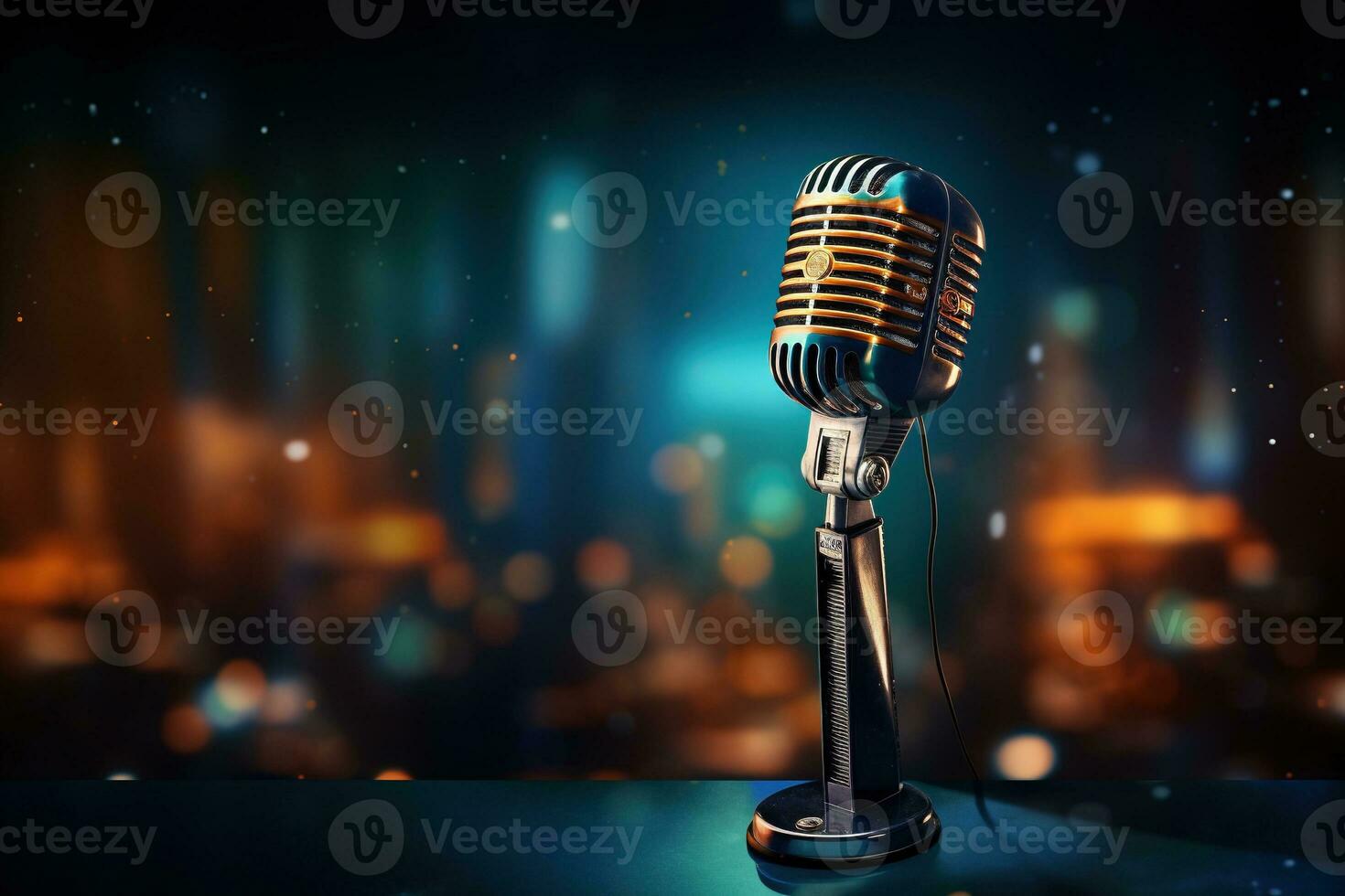 Generative AI, retro audio microphone on stage, blurred lights background photo