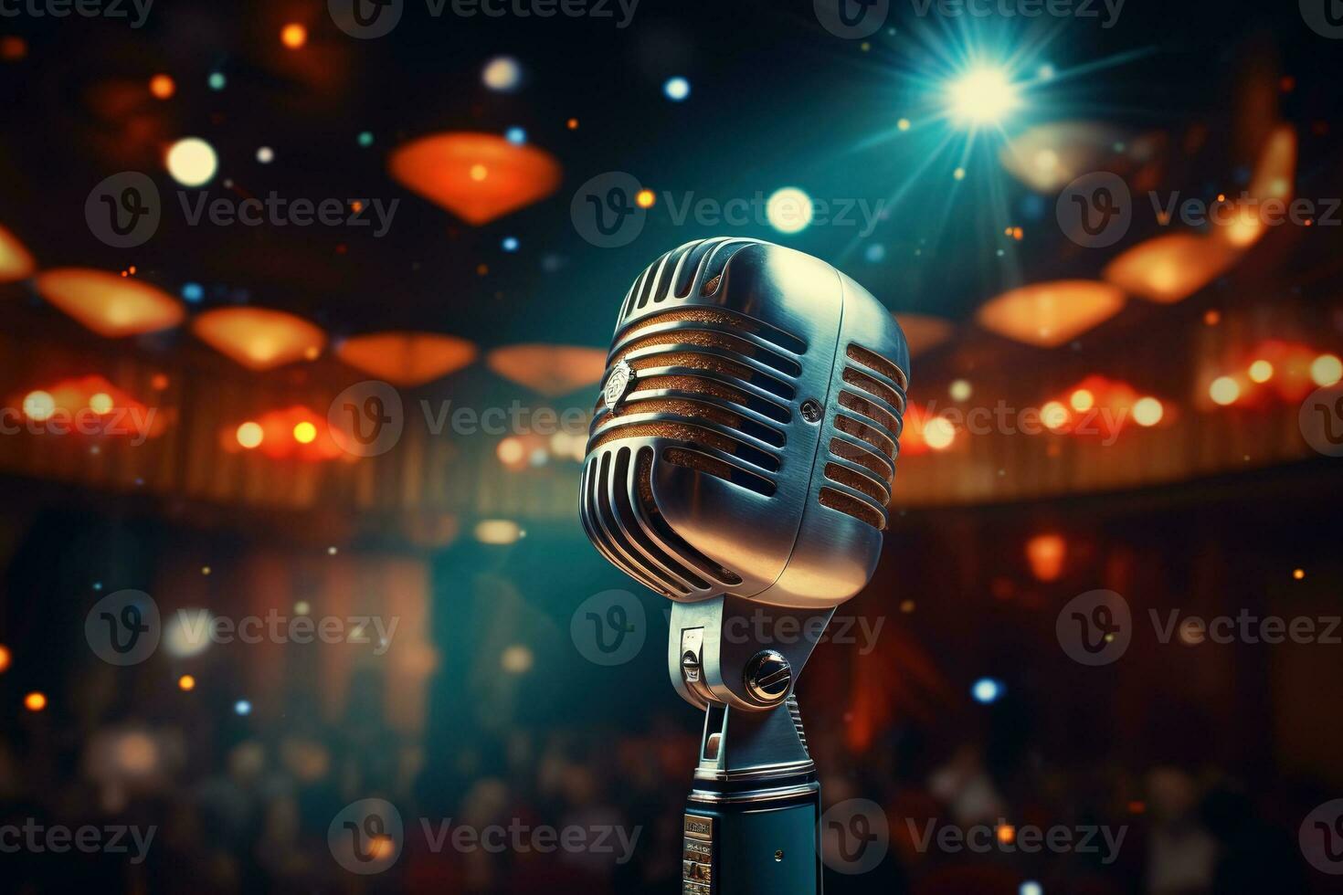 Generative AI, retro audio microphone on stage, blurred lights background photo