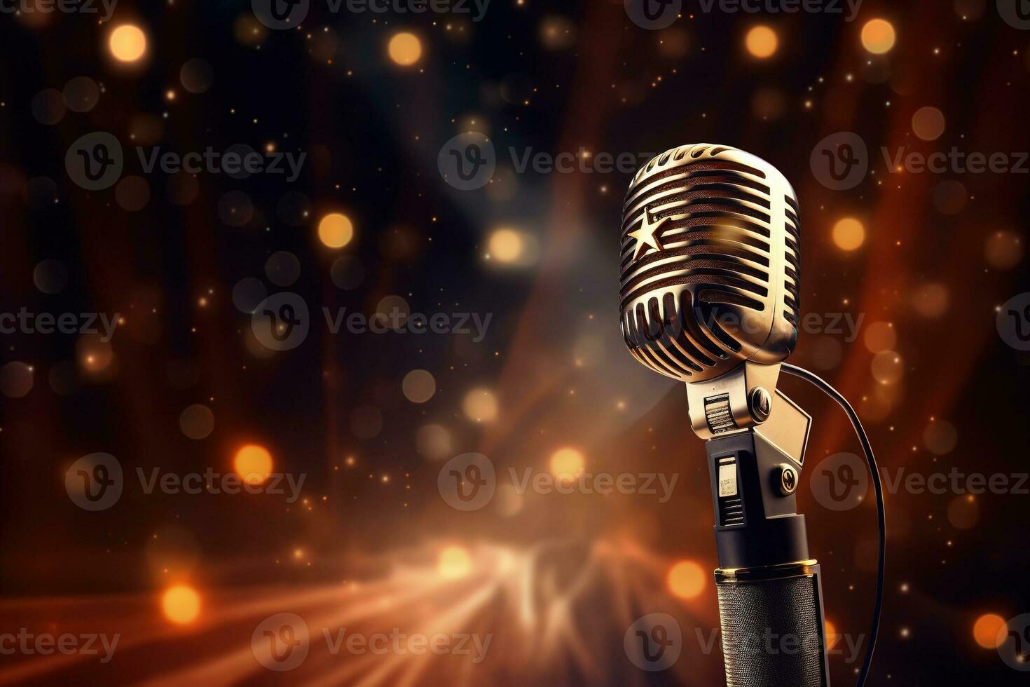 Generative AI, retro audio microphone on stage, blurred lights background photo