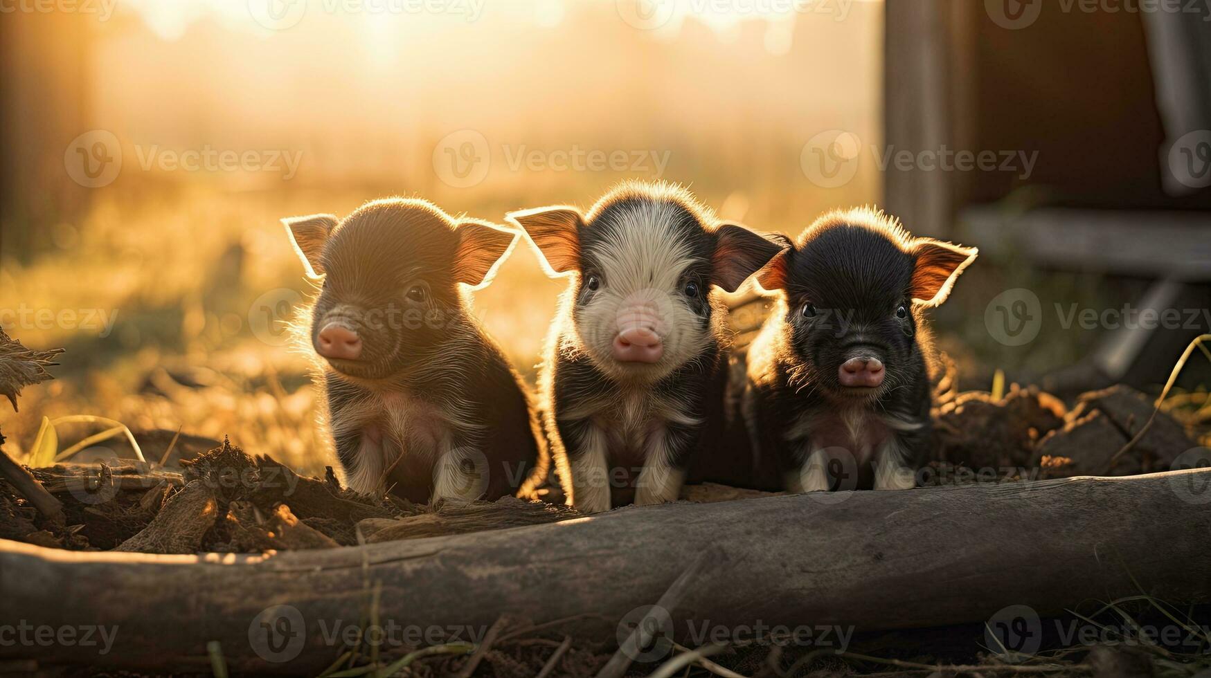 Generative AI, little pigs looking at the camera on a farm photo