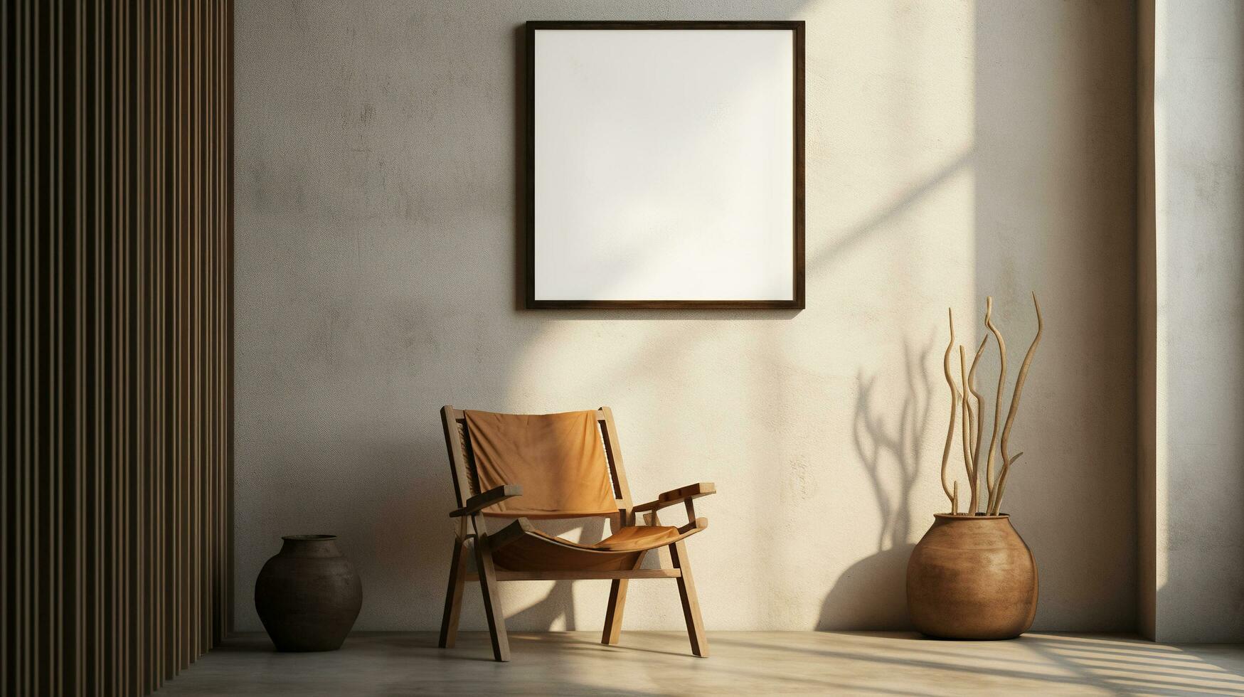 Generative AI, Poster frame mockup in beige and brown living room interior, wabi sabi minimalism style photo