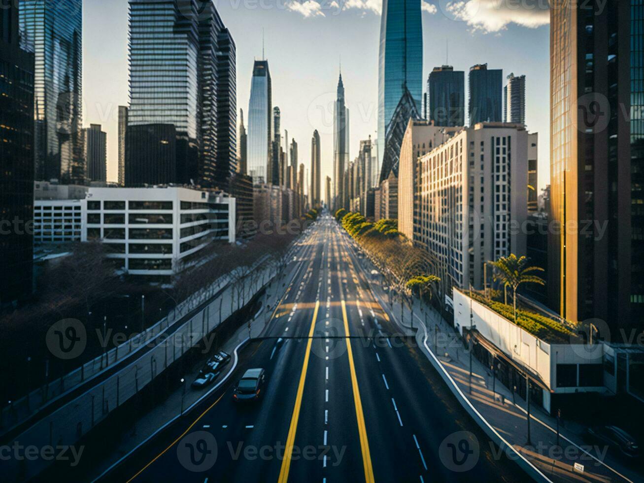 city street with sky scrapper ai generated photo