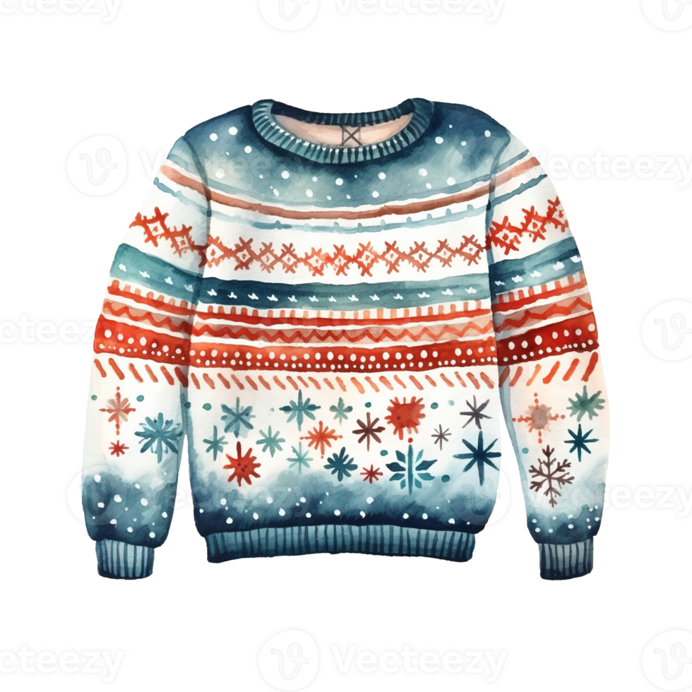 Generative AI, PNG Christmas ugly sweater, watercolor style