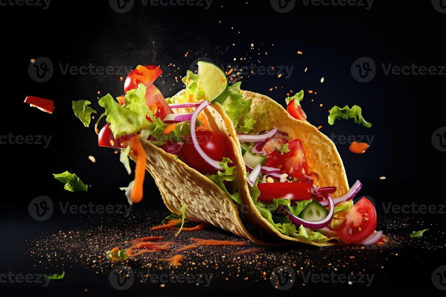 Sizzling hot taco with a medley of flying ingredients, showcased on a striking black background. photo
