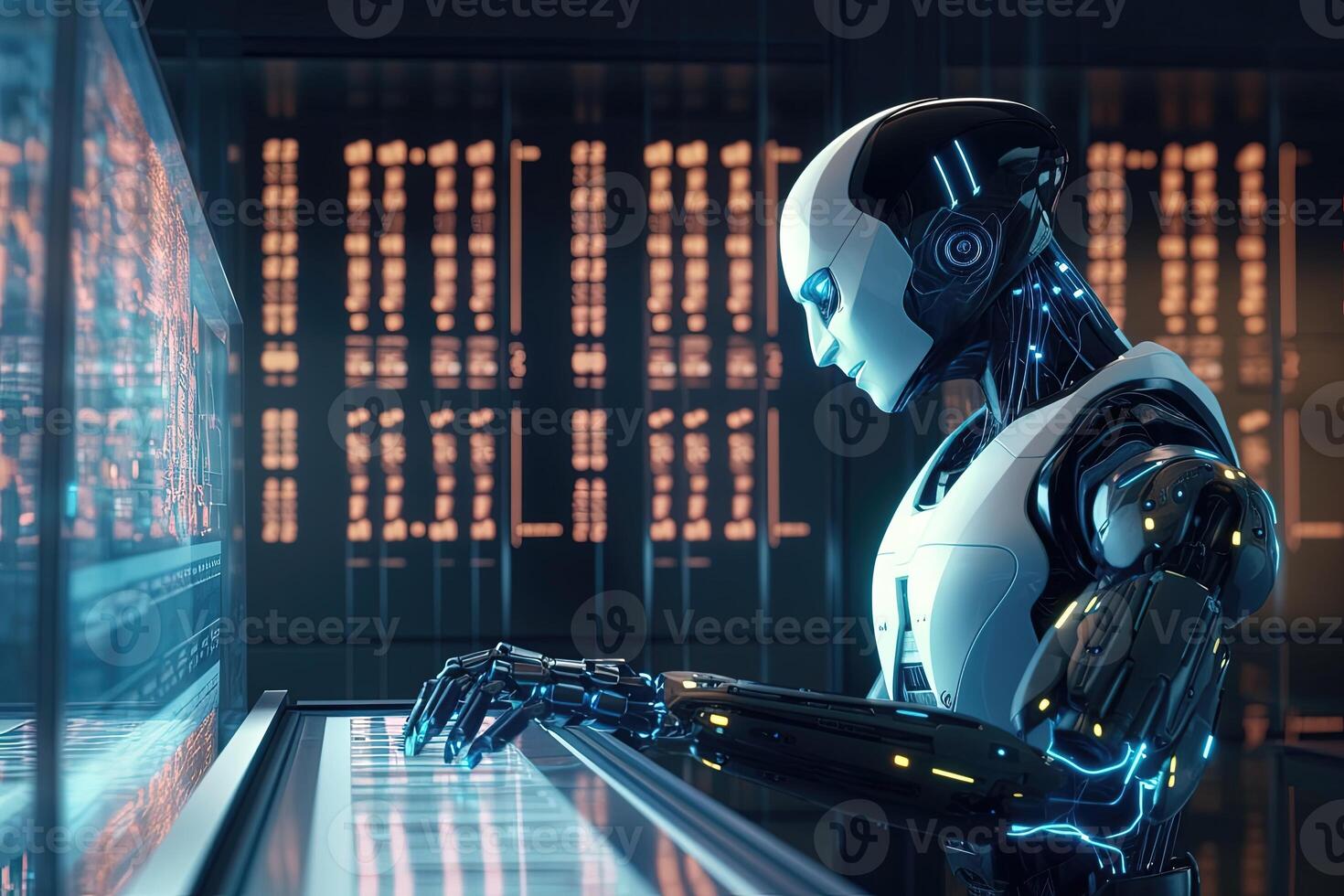 automation data analytic with robot and digital visualization for big data scientist. artificial intelligence concept. photo