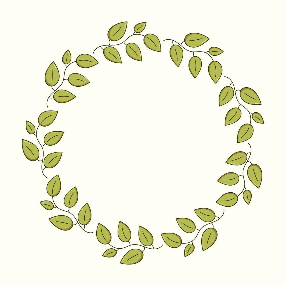 Green leaves. Circular frame. A place for your text. Hand drawn cartoon style. vector
