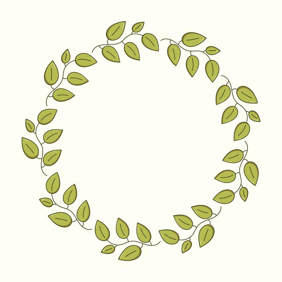 Green leaves. Circular frame. A place for your text. Hand drawn cartoon style. vector