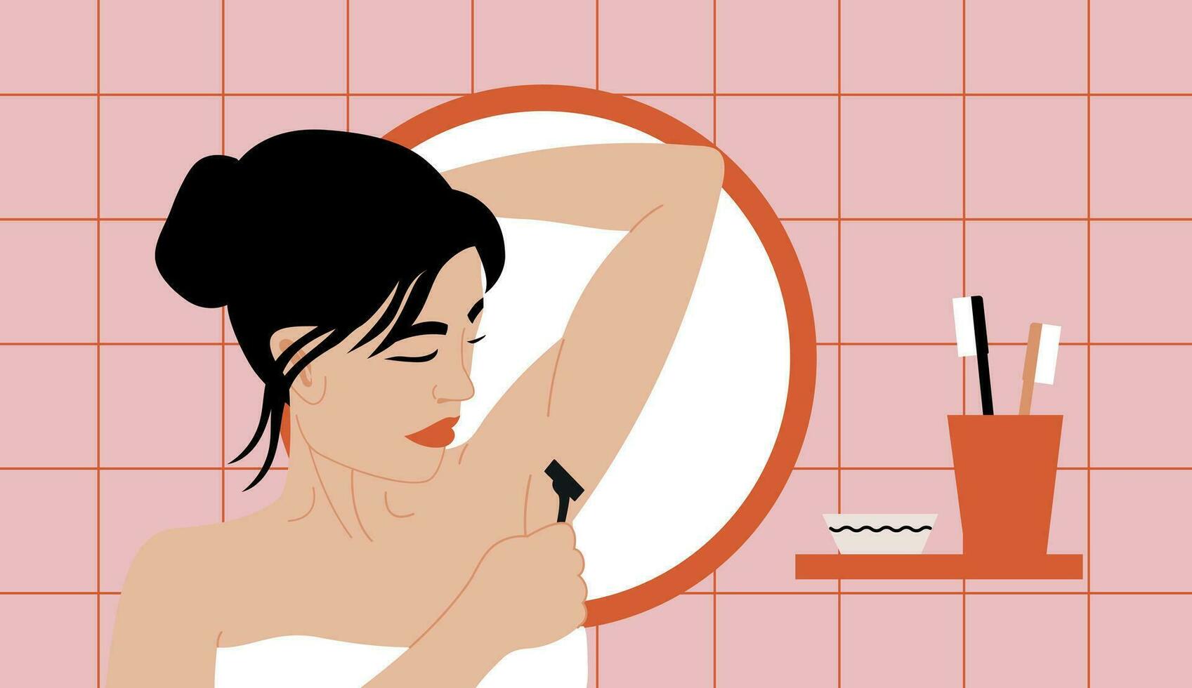 Depilation and removal of hair underarm, armpit epilation, woman with sharp razor doing procedure at home. Hygiene and care, beauty routine and cosmetics. Female character, vector in flat style.