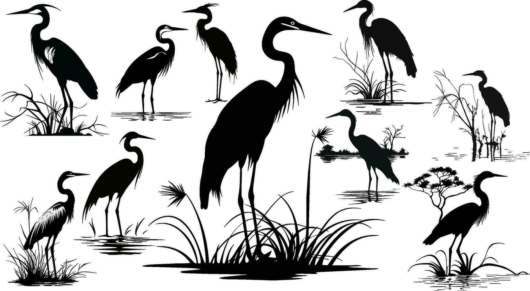 Silhouette or shadow black ink icons of crane birds or herons standing set. Group of storks outline template or creative background vector illustration isolated on white.