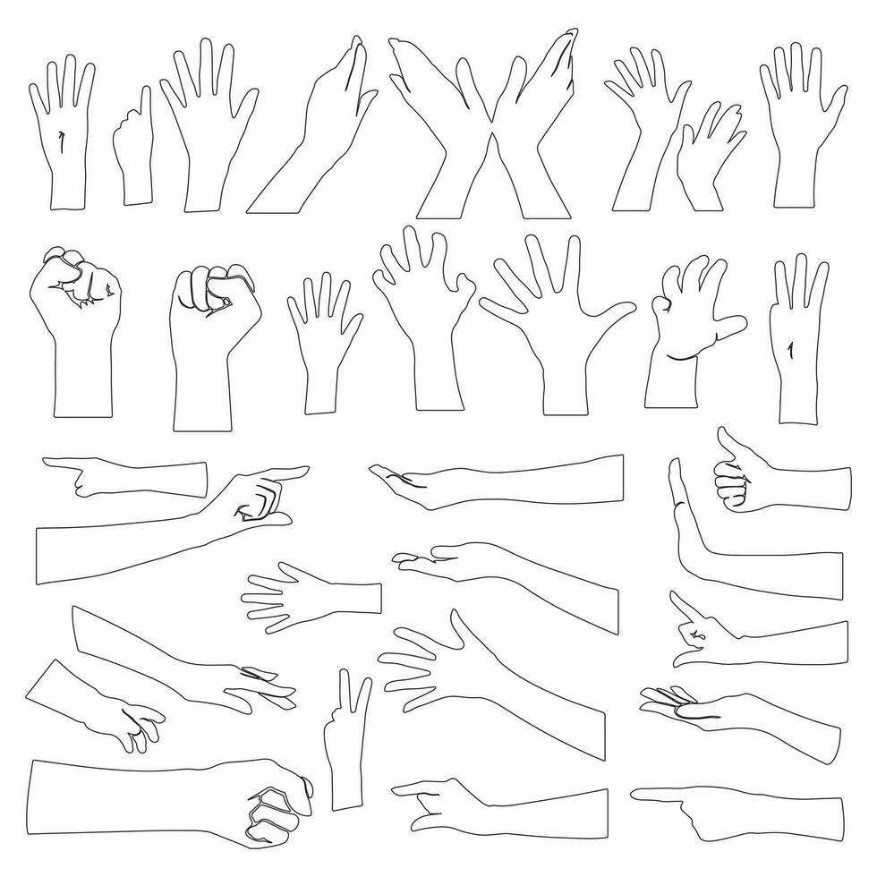 Hands poses. Female hand holding and pointing gestures, fingers crossed, fist, peace and thumb up. Cartoon human palms and wrist vector set. Communication or talking with emoji for messengers