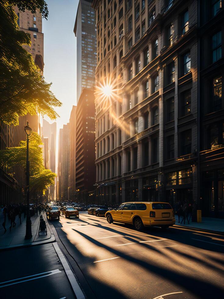 the sun is setting over a city street ai generated photo