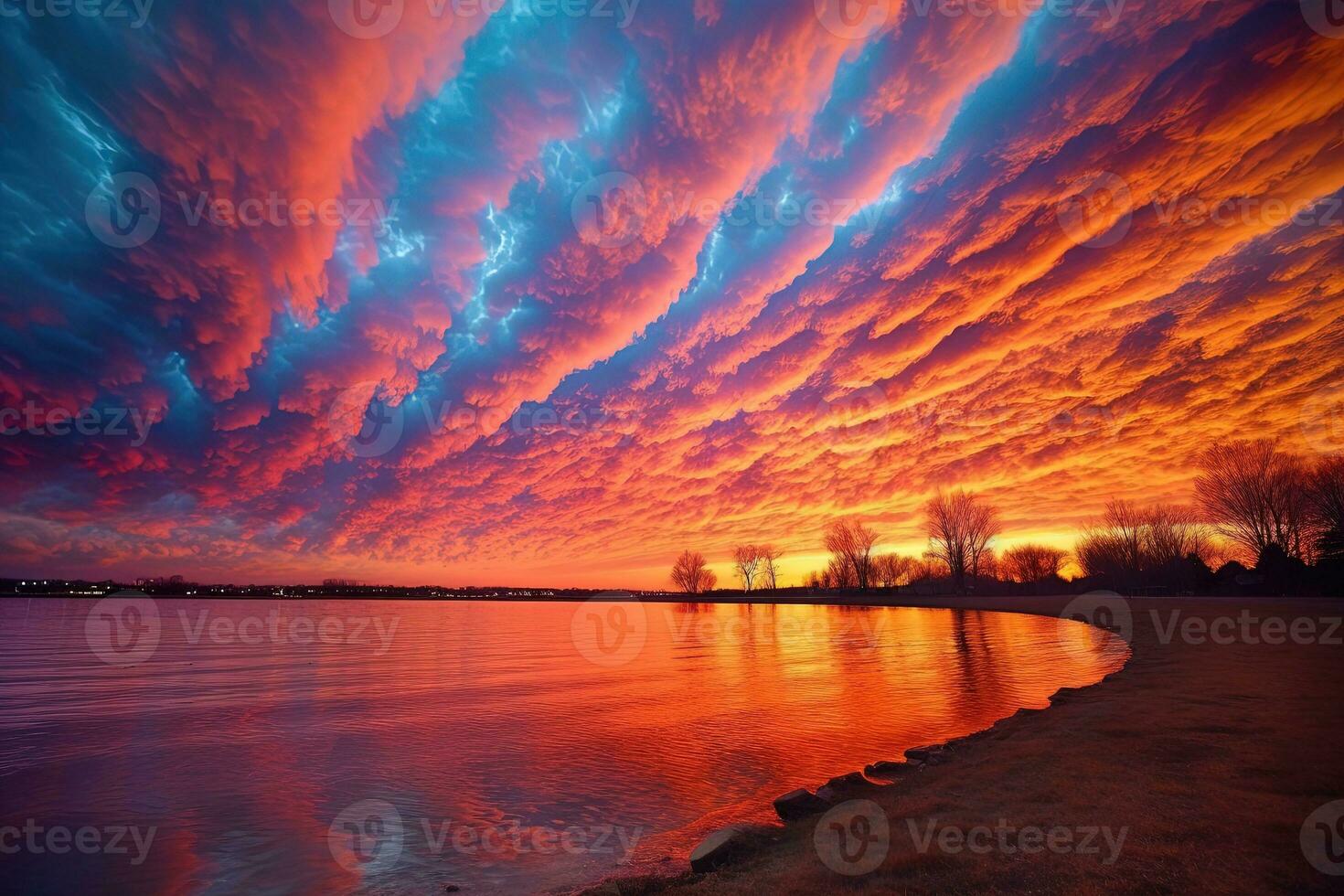 The sun illuminates the colorful clouds, Utterly spectacular sunset. AI Generated photo