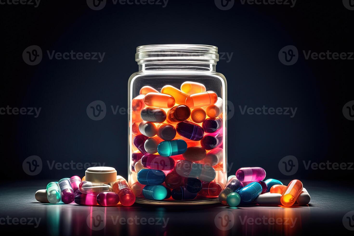 Multi colored pill on jar dark background. medicine, capsule, drug, health care, pills. photo