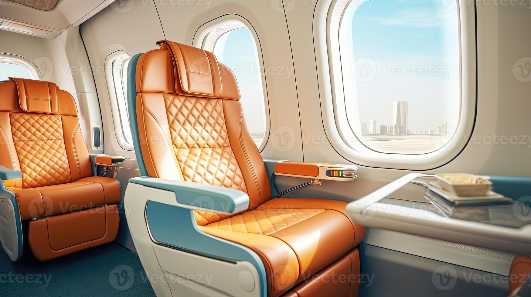 First class business luxury expensive private jet airline seats with windows service for vacation and corporate airplane travel. photo