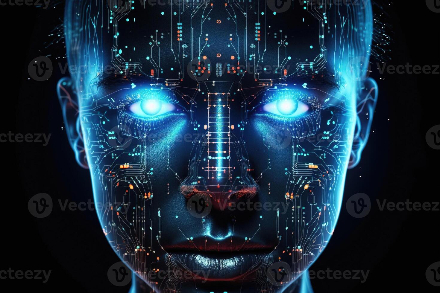 Artificial intelligence AI digital human face. Big data, cyber security. Artificial intelligence concept. photo