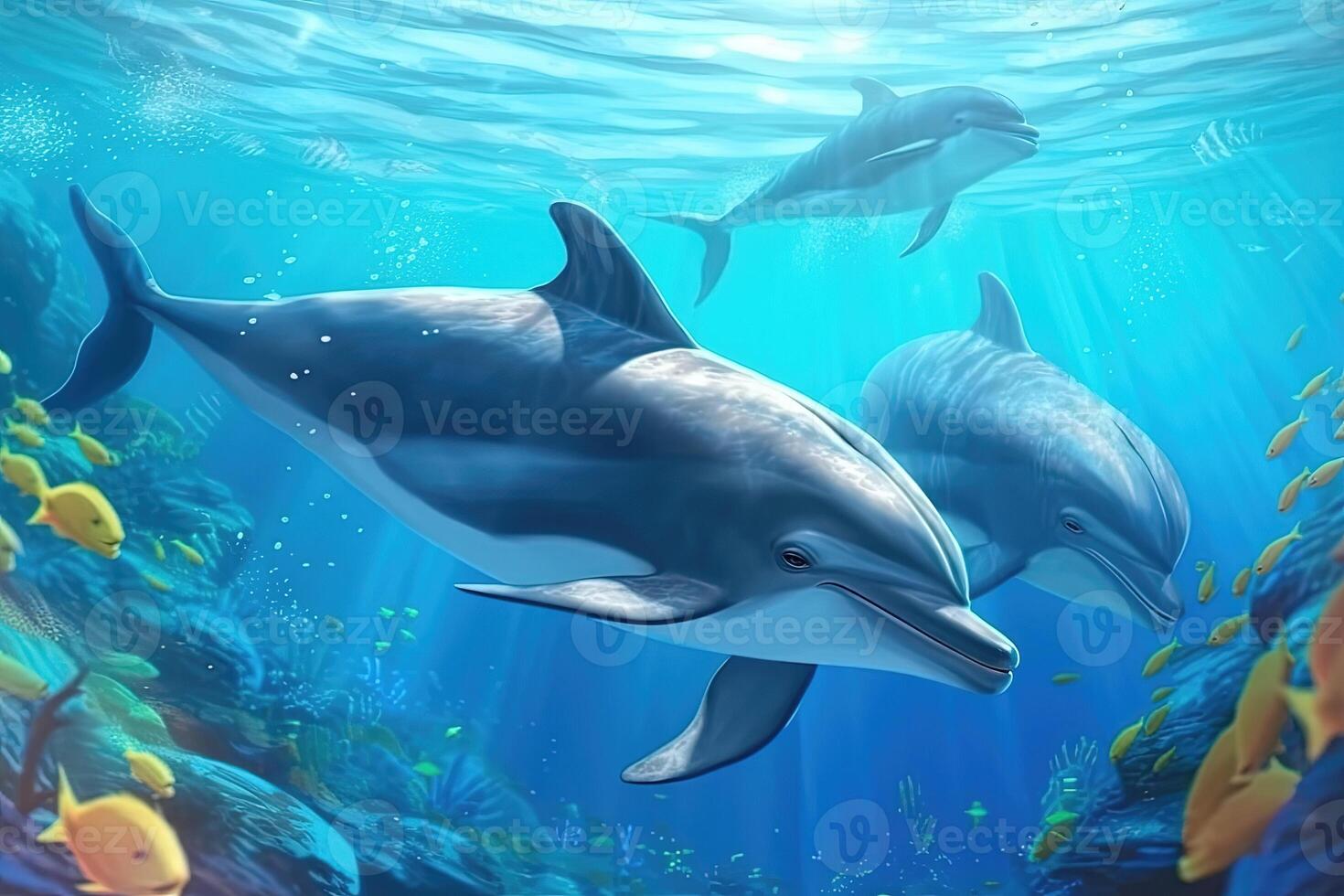 Group of dolphins in colorful underwater. AI Generated photo