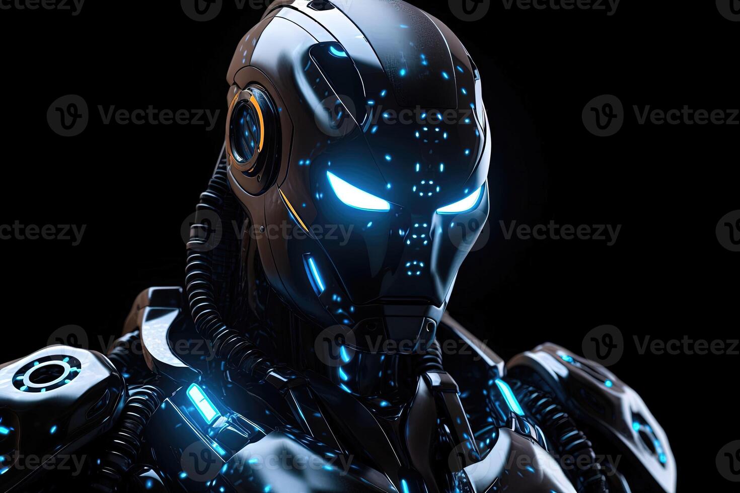 humanoid cyborg Artificial intelligence AI robot illuminated by glowing lights on black background. Artificial intelligence concept. photo