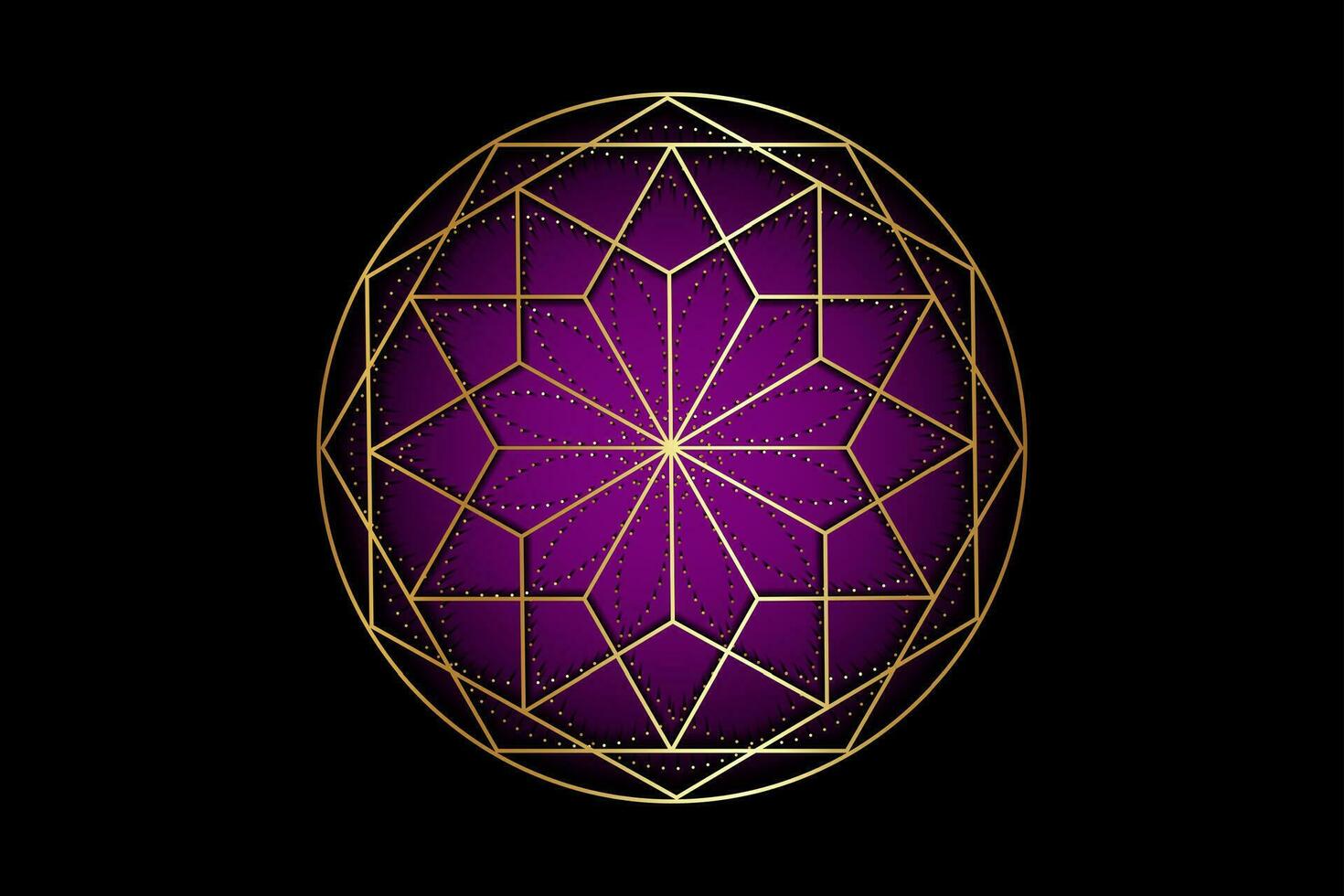 Gold mandala of sacred ancient geometry. Chakra symbols, Sahasrara, Violet color, Crown Chakra. Alchemy, religion, philosophy, spirituality themes. Golden Logo icon isolated on black background vector
