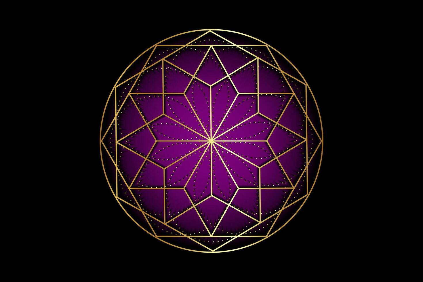 oro mandala de sagrado antiguo geometría. chakra símbolos, sahasrara, Violeta color, corona chakra. alquimia, religión, filosofía, espiritualidad temas dorado logo icono aislado en negro antecedentes vector