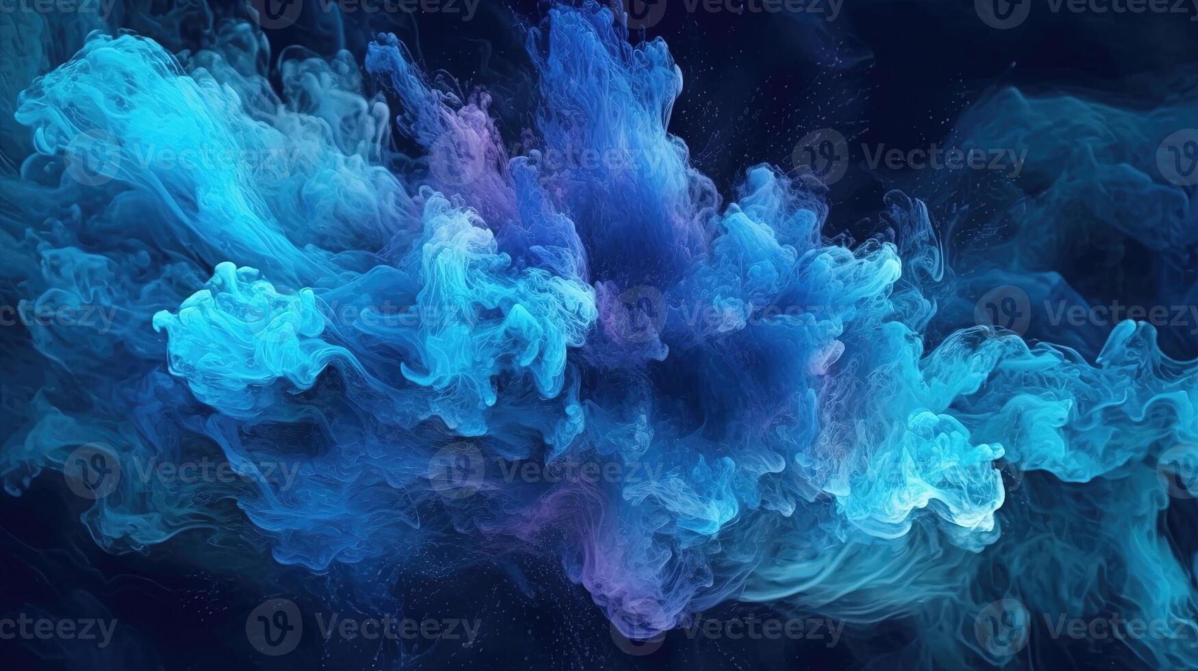 Composition of glittering liquid, swirling paint water, shimmering shades of blue, and grainy texture forming a captivating smoke cloud on a dark and abstract black background. photo