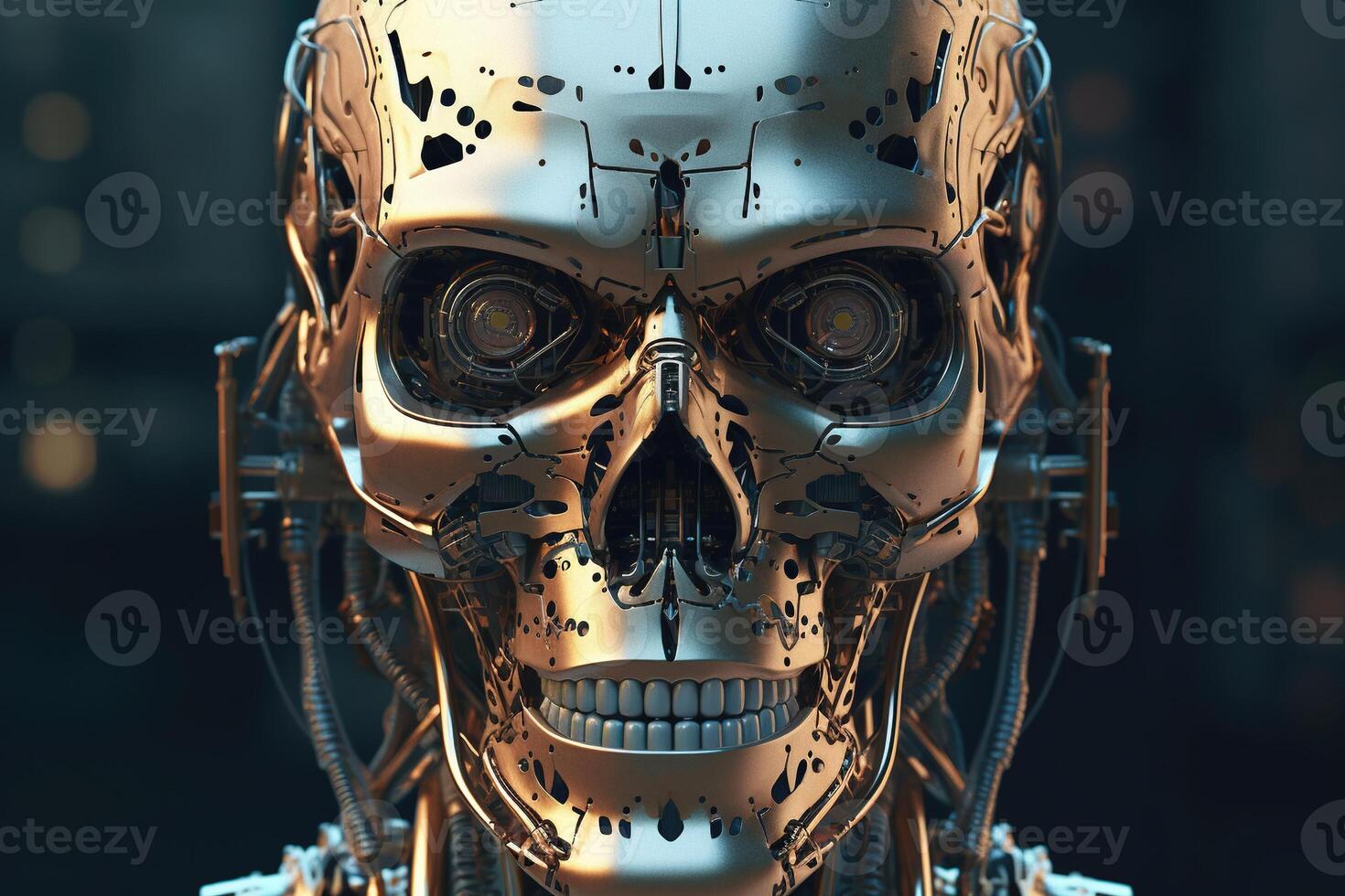 humanoid cyborg Artificial intelligence AI skull robot. futuristic, metallic, science fiction, AI Robot. Artificial intelligence concept. photo
