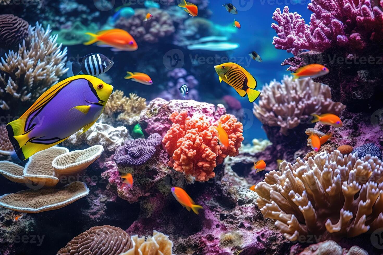 Colorful coral underwater in ocean with group of colorful fish and sea animals. photo